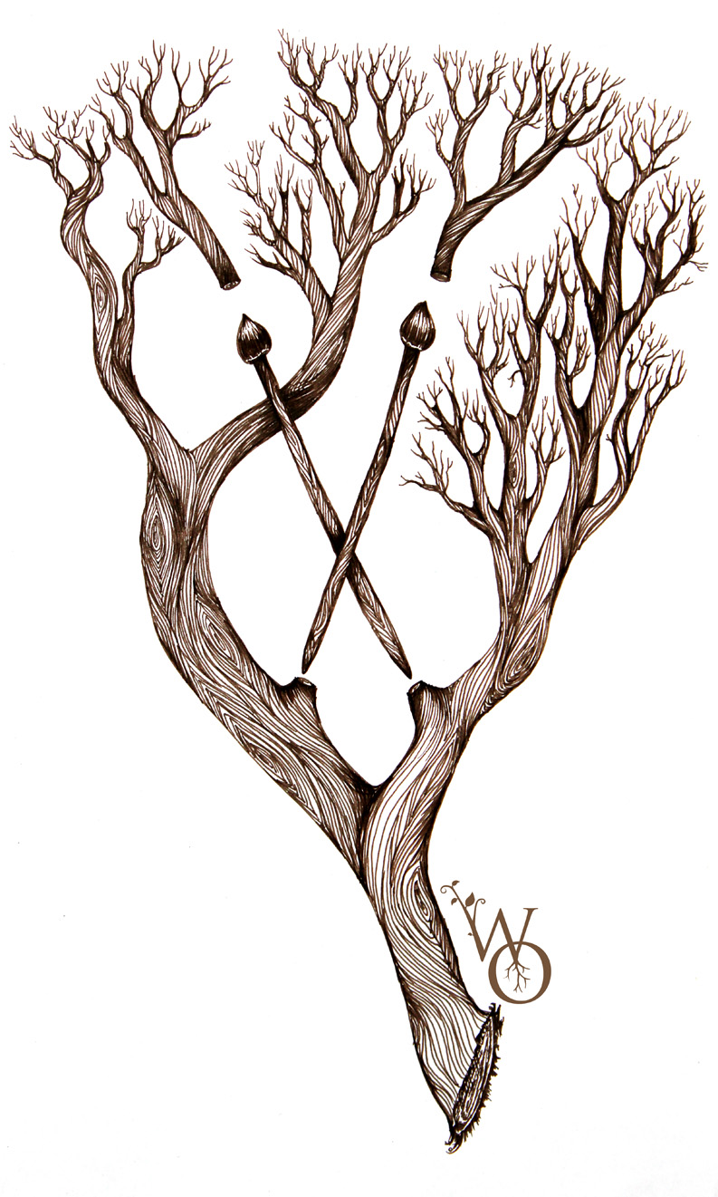 line drawing of knitting needles inside a treebranche