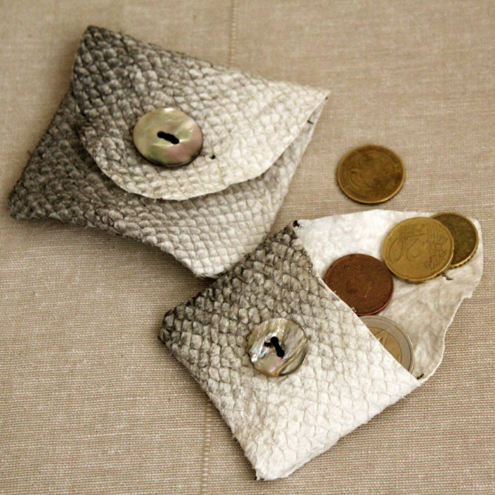 two fish leather wallet with mother of pearl buttons