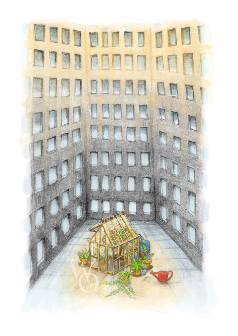 illustration of small greenhouse with lots of potted green plants in between large grey buildings